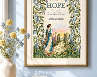 Könnte beinhalten: Ein gerahmter Wandkunstdruck mit dem Text DAY 11 HOPE Proverbs 23:18, der eine Person zeigt, die auf ein offenes Tor bei Sonnenaufgang zugeht, umgeben von einer dekorativen Bordüre aus blauen und gelben Blumen und grünem Blattwerk.