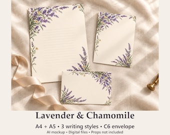 Lavender & Chamomile Printable Stationery Set, A4 A5 Letter Paper and Matching Envelope