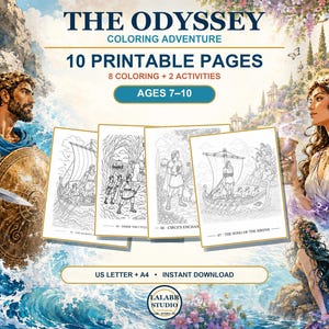 K&ouml;nnte beinhalten: Ein digitales Malbuch mit dem Titel The Odyssey Coloring Adventure mit 10 druckbaren Seiten, darunter 8 Malvorlagen und 2 Aktivit&auml;ten f&uuml;r 7- bis 10-J&auml;hrige. Das Set enth&auml;lt US Letter- und A4-Formate, illustriert mit Odysseus.