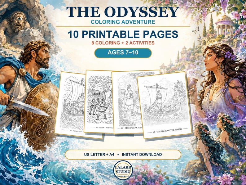 K&ouml;nnte beinhalten: Ein digitales Malbuch mit dem Titel The Odyssey Coloring Adventure mit 10 druckbaren Seiten, darunter 8 Malvorlagen und 2 Aktivit&auml;ten f&uuml;r 7- bis 10-J&auml;hrige. Das Set enth&auml;lt US Letter- und A4-Formate, illustriert mit Odysseus.
