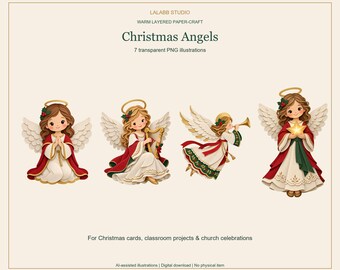Pacchetto di clipart di angeli natalizi, 7 immagini PNG per lavori di carta, arpa, tromba, stella, campana e angelo a pergamena