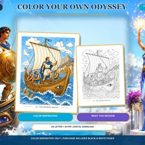 K&ouml;nnte beinhalten: Ein digitales Ausmalbild-Set mit dem Titel Color Your Own Odyssey, das eine farbige Illustration und eine schwarz-wei&szlig;e Strichzeichnung eines griechischen Schiffes mit Ruderern zeigt. Der Text umfasst Color Your Own Odyssey, 01 The Journey Begins und US Letter + A4 PDF Digital Download.