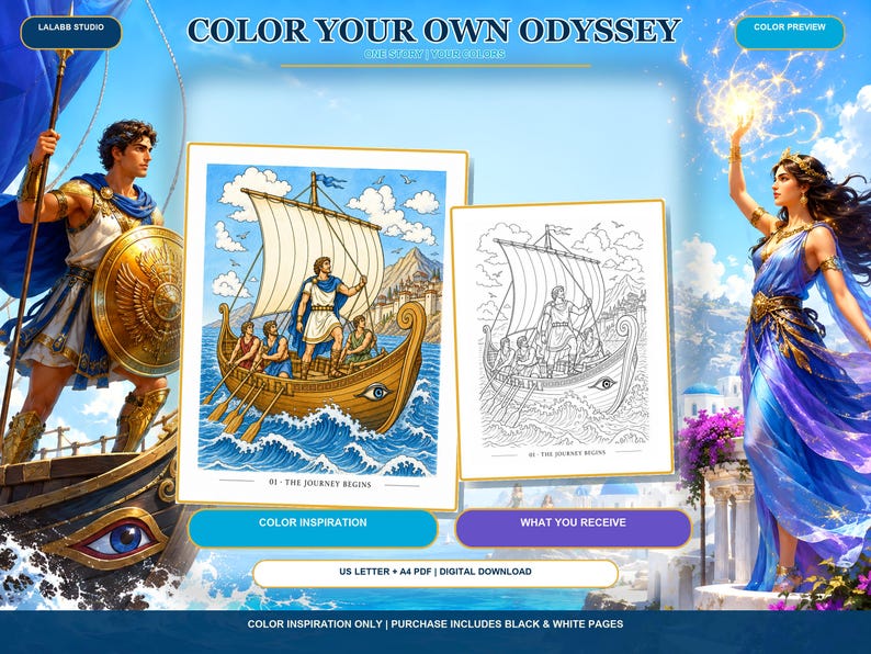K&ouml;nnte beinhalten: Ein digitales Ausmalbild-Set mit dem Titel Color Your Own Odyssey, das eine farbige Illustration und eine schwarz-wei&szlig;e Strichzeichnung eines griechischen Schiffes mit Ruderern zeigt. Der Text umfasst Color Your Own Odyssey, 01 The Journey Begins und US Letter + A4 PDF Digital Download.