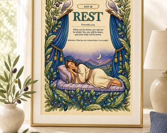 Könnte beinhalten: Ein gerahmter Kunstdruck mit dem Titel DAY 18 REST, dem Text Sprüche 3,24, einer schlafenden Person auf einem Bett, blauen Vorhängen, Olivenzweigen und zwei weißen Tauben. Die Illustration zeigt zudem eine Mondsichel und einen Sternenhimmel.