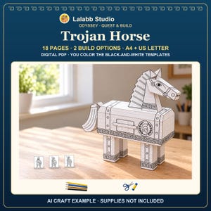 May include: A papercraft Trojan Horse model with black-and-white outlines, featuring a Greek-style helmet emblem on the side. The digital PDF set includes 18 pages, 2 build options, and A4 or US Letter sizing for coloring templates.