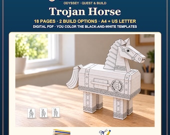 Trojansk häst papperspyssel för barn | Odyssey Quest & Build | Färgklipp bygg PDF | 18 sidor, A4 och US Letter