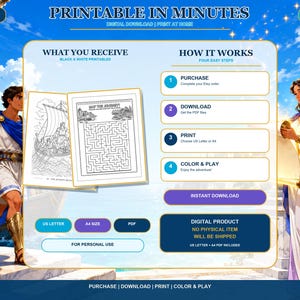 K&ouml;nnte beinhalten: Ein digitales Produktangebot mit dem Titel PRINTABLE IN MINUTES, das eine Anleitung zum Kaufen, Herunterladen, Ausdrucken und Ausmalen von schwarz-wei&szlig;en Arbeitsbl&auml;ttern enth&auml;lt. Die Grafik zeigt Illustrationen von Personen in antiker Kleidung.