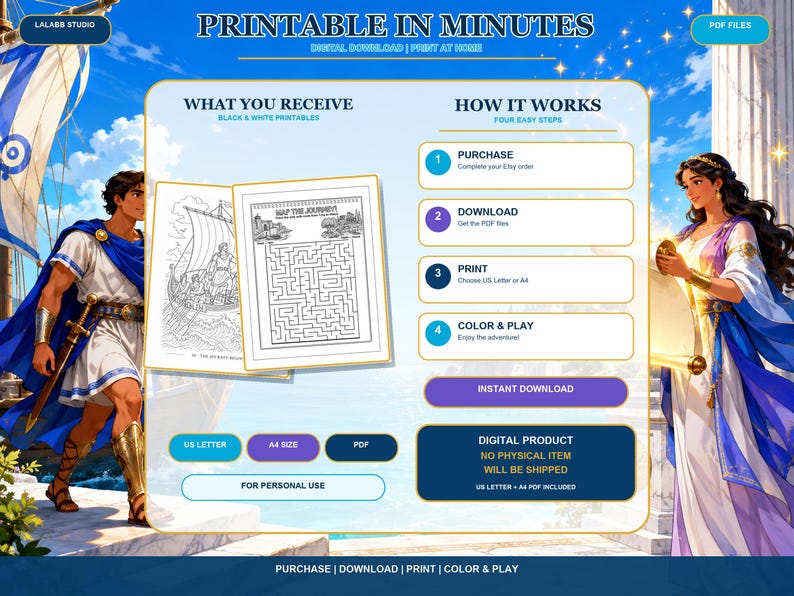 K&ouml;nnte beinhalten: Ein digitales Produktangebot mit dem Titel PRINTABLE IN MINUTES, das eine Anleitung zum Kaufen, Herunterladen, Ausdrucken und Ausmalen von schwarz-wei&szlig;en Arbeitsbl&auml;ttern enth&auml;lt. Die Grafik zeigt Illustrationen von Personen in antiker Kleidung.