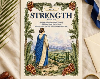 Könnte beinhalten: Ein rechteckiger Druck mit dem Text DAY 9 STRENGTH Proverbs 31:25, Strength and dignity are her clothing. She laughs at the time to come. Reflection: Where can I walk with strength and dignity today? Eine Person in einem blauen Gewand vor einer Landschaft.