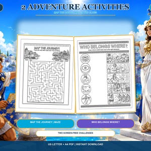 K&ouml;nnte beinhalten: Ein druckbares Aktivit&auml;tsblatt-Set mit dem Titel 2 Adventure Activities, das aus zwei schwarz-wei&szlig;en Seiten besteht. Die linke Seite ist ein Labyrinth mit dem Titel Map The Journey, die rechte Seite ein Zuordnungsspiel mit dem Titel Who Belongs Where.