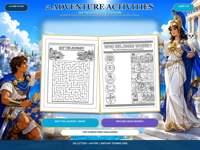 K&ouml;nnte beinhalten: Ein druckbares Aktivit&auml;tsblatt-Set mit dem Titel 2 Adventure Activities, das aus zwei schwarz-wei&szlig;en Seiten besteht. Die linke Seite ist ein Labyrinth mit dem Titel Map The Journey, die rechte Seite ein Zuordnungsspiel mit dem Titel Who Belongs Where.