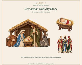 Pacchetto di clipart della Natività di Natale, 20 immagini PNG di carta, storie bibliche e illustrazioni natalizie della Sacra Famiglia.