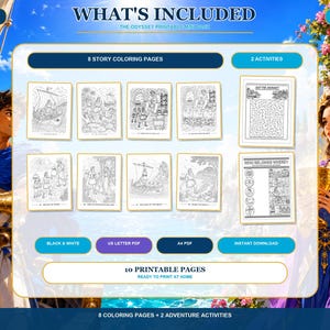 K&ouml;nnte beinhalten: Ein digitales, druckbares Minipaket mit dem Titel The Odyssey, das 8 Malvorlagen zur Geschichte und 2 Aktivit&auml;tsbl&auml;tter enth&auml;lt. Das Set umfasst ein Labyrinth und ein Zuordnungsspiel, verf&uuml;gbar in Schwarz-Wei&szlig; als US Letter und A4 PDF.