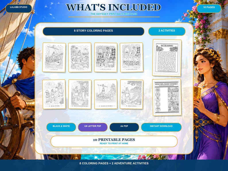 K&ouml;nnte beinhalten: Ein digitales, druckbares Minipaket mit dem Titel The Odyssey, das 8 Malvorlagen zur Geschichte und 2 Aktivit&auml;tsbl&auml;tter enth&auml;lt. Das Set umfasst ein Labyrinth und ein Zuordnungsspiel, verf&uuml;gbar in Schwarz-Wei&szlig; als US Letter und A4 PDF.