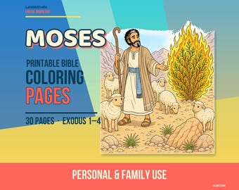 Moses Coloring Pages for Kids, 30-Page Exodus 1–4 Printable Bible PDF, Christian Homeschool & Family Activity