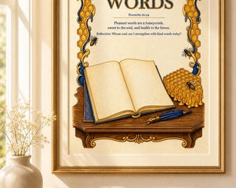 Day 8 Words Proverbs 16:24 Printable Wall Art, Christian Scripture Poster and Coloring Page, Instant Digital Download