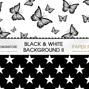 Black and White Geometric II Seamless Backgrounds stars, butterfly, marble, chevron, snake, checkers, diamond, damask printable paper