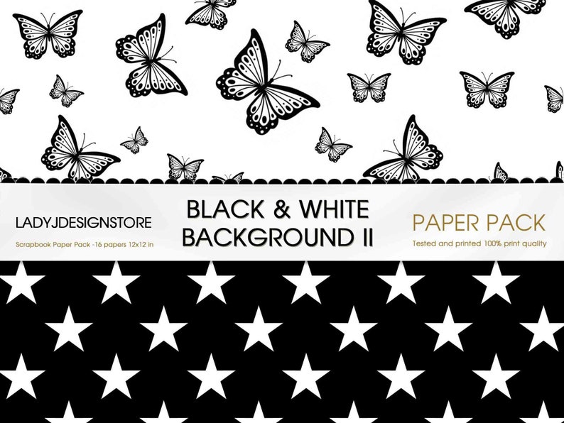 Black and White Geometric II Seamless Backgrounds stars, butterfly, marble, chevron, snake, checkers, diamond, damask printable paper