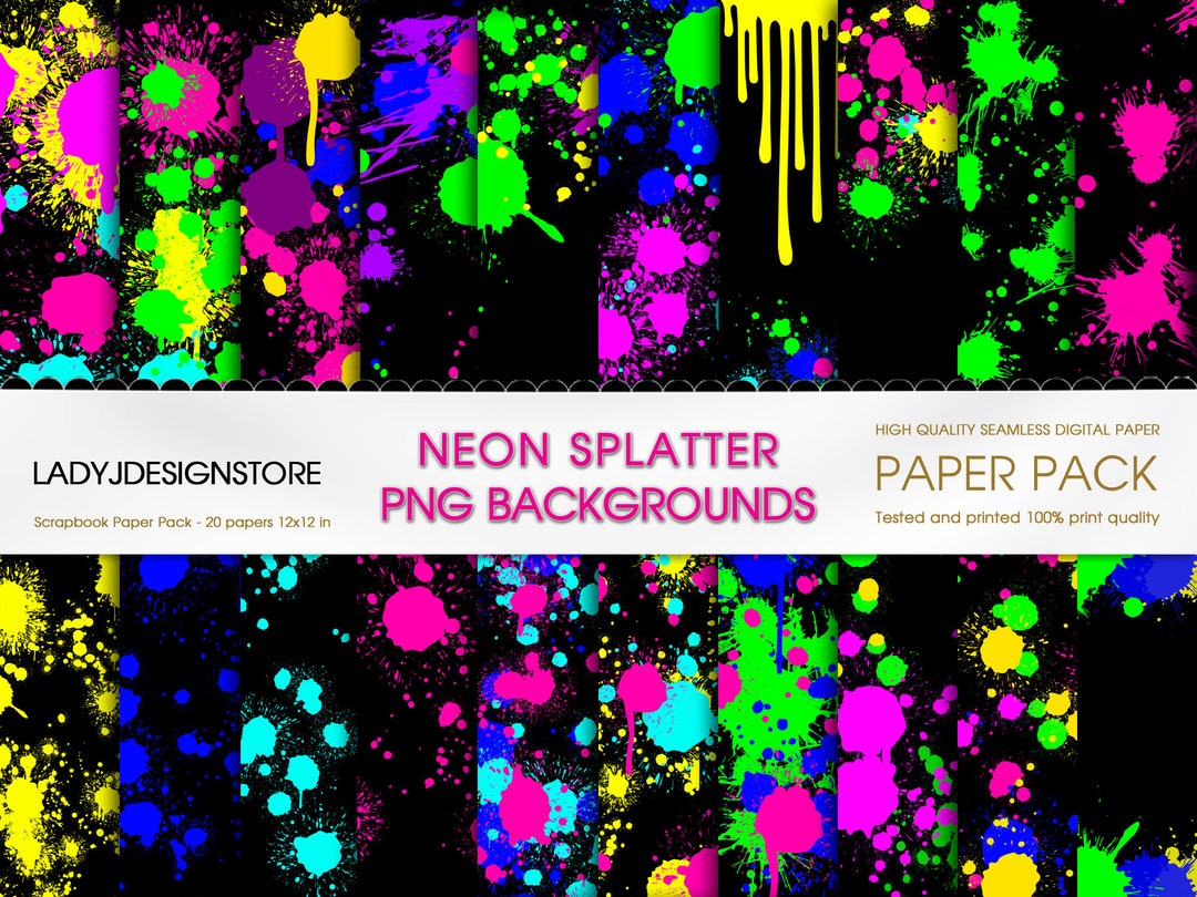 Neon Paint Splatters on Black Background Clipart, Neon Splatter Drops