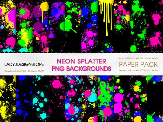 Neon Paint Splatters on Black Background Clipart, Neon Splatter