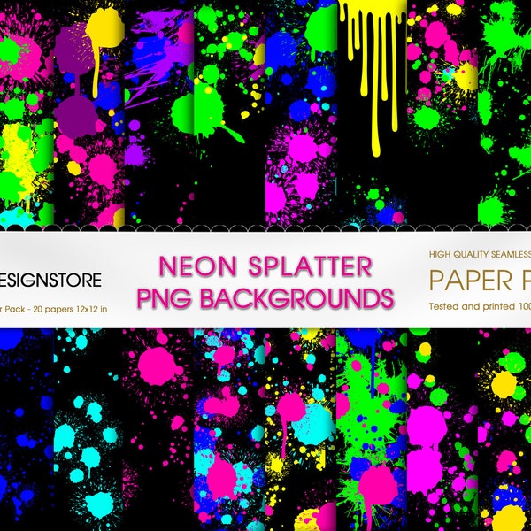 Neon Paint Splatters on Black Background Clipart, Neon Splatter Drops Black Background, Neon Ink Splash Texture, Canva background