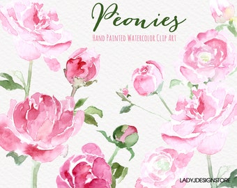 Peonies - Hand Painted Watercolor Flowers Clip Art -9 hand drawn floral watercolor clip art,wedding invitation,logo design,Original Clip Art