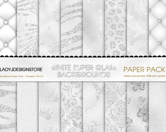 White Super Glam Digital Paper, seamless tiger cheetah zebra patterns, butterfly glitter glam backgrounds white sparkle diamonds