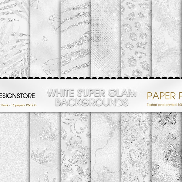 White Super Glam Digital Paper, seamless tiger cheetah zebra patterns, butterfly glitter glam backgrounds white sparkle diamonds