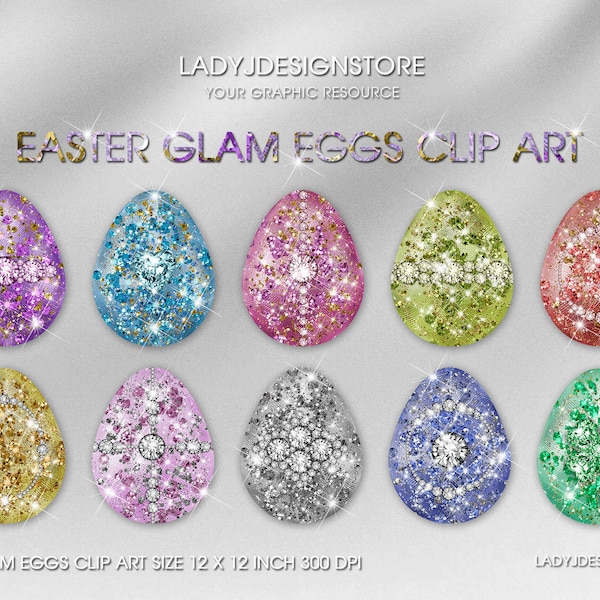 Easter Glam Eggs Clipart, sparkle glitter colorful eggs, easter clip art, printable clip art, sublimation, colorful easter egg