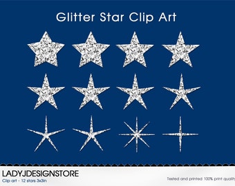 SILVER GLITTER digital STARS - 12 Glitter Stars, Instant Download, printable scrapbooking ClipArt, silver, gray