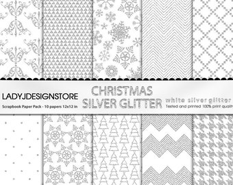 SILVER WHITE GLITTER Christmas Digital Papers  10 Glitter Textures, Paper Pack, Instant Download, printable scrapbooking texture, silver