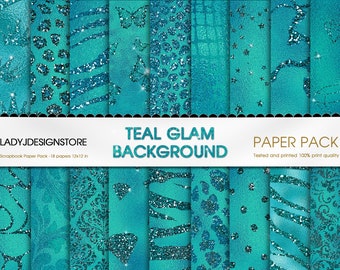 Teal Glam Digital Paper, seamless tiger cheetah zebra patterns, butterfly glitter glam backgrounds, turquoise foil sparkle, damask, diamonds