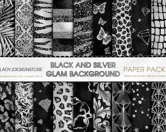 Black and Silver Glam Digital Paper, seamless tiger cheetah zebra patterns butterfly silver glitter glam backgrounds silver sparkle diamonds