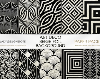 Art Deco Digital Paper, seamless retro art deco patterns, beige and black  patterns, gold geometric seamless patterns elegant digital papers