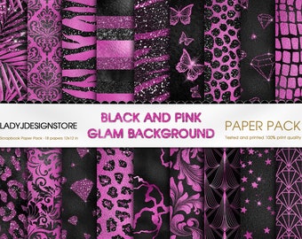 Black and Pink Glam Digital Paper Backgrounds Seamless tiger cheetah zebra dimond star patterns, butterfly pink and black glitter foil glam