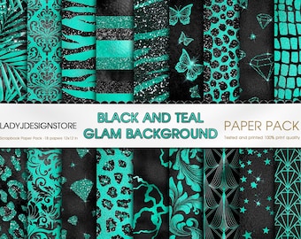 Black and Teal Glam Digital Paper, seamless tiger cheetah zebra patterns butterfly teal glitter glam backgrounds teal sparkle diamonds