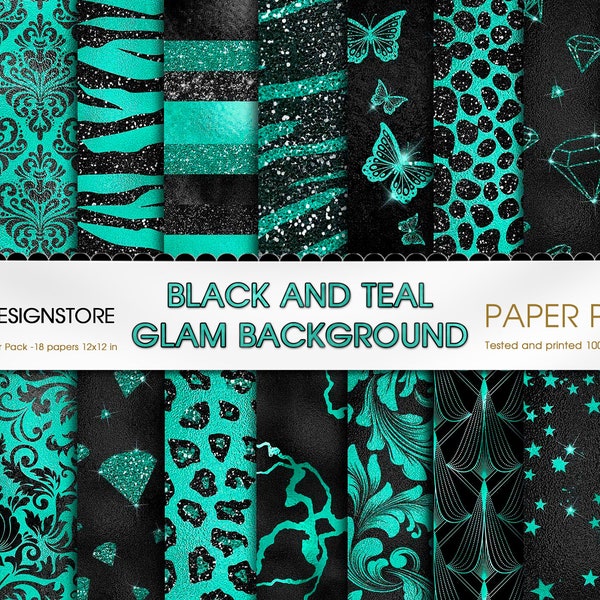 Black and Teal Glam Digital Paper, seamless tiger cheetah zebra patterns butterfly teal glitter glam backgrounds teal sparkle diamonds