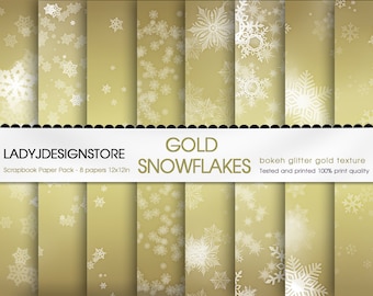 Gold Snowflakes digital Paper  - gold bokeh - shiny paper pack with gold glitter background, bokeh Snowflakes and snow, Christmas scrapbook