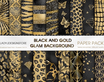 Black and Gold Glam Digital Paper, seamless tiger cheetah zebra patterns butterfly gold glitter glam backgrounds, gold sparkle diamonds