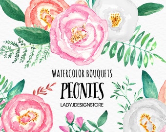 Watercolor Peonie Bouquets Clip Art-6 Hand Painted Watercolor Peonies, logo design, wedding flowers, digital clipart, pink flowers