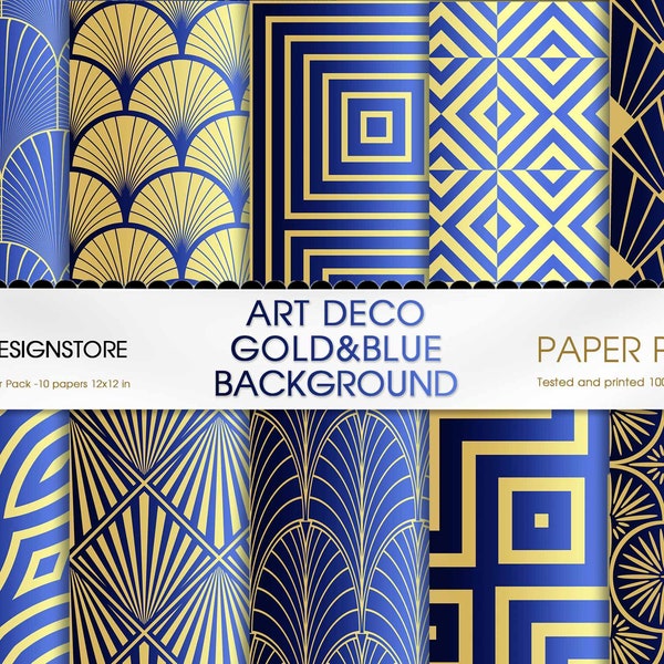 Art Deco Digital Paper, seamless retro art deco patterns, blue and gold patterns, gold geometric seamless patterns, elegant digital papers