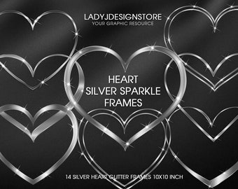 Silver Glitter Heart Frame Clip Art, Metallic Silver Heart, Simple Header frames, Canva frames Embellishment Clipart, Metallic Heart Frames