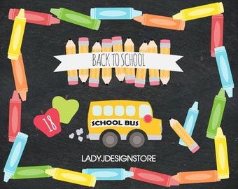 Back to School ClipArt - Crayon ClipArt - School Days ClipArt, crayons, pencil, school bus, appels, school rules, banners, borders