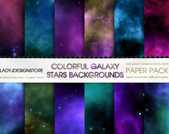 Colorful Galaxy Stars Backgrounds Digital Paper - 12 galaxy seamless textures with starry night skies, universe, purple galaxy, white stars