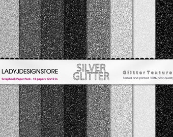 Silver Glitter Digital Papers - 8 Glitter Textures, Paper Pack, Instant Download, printable scrapbooking texture, silver, black, white, gray