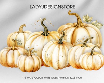 Watercolor White Gold Pumpkin Clip Art, Gold Pumpkins clipart, halloween pumpkins, autumn pumpkin png clipart, Thanksgiving, Halloween