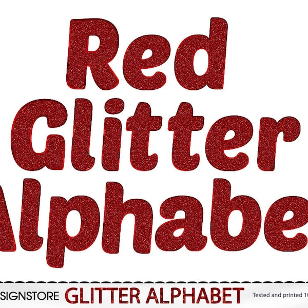 RED GLITTER CHRISTMAS Alphabet- 26 upper case, lower case letters, numbers and all punctuation in gorgeous metallic red glitter