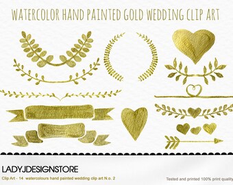 Watercolor Gold Clip Art No2- 14 Gold Metallic Watercolor wreath and laurel, arrows, logo design, digital heart frames, wedding invitation