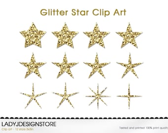 GOLD GLITTER digital STARS - 12 Glitter Stars, Instant Download, printable scrapbooking ClipArt, gold, old gold, yellow