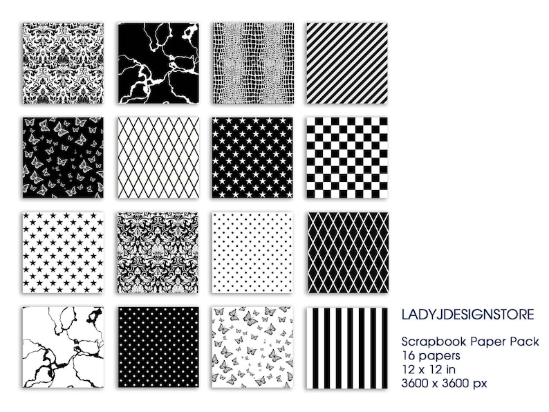 Black and White Geometric II Seamless Backgrounds stars, butterfly, marble, chevron, snake, checkers, diamond, damask printable paper